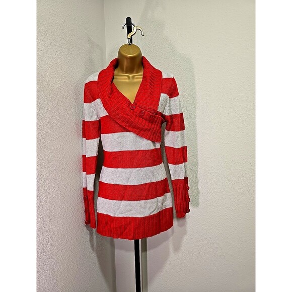 Bongo Y2K Holiday Red White Stripe Shawl Collar Long Sweater Womens Lge Metallic - Picture 1 of 7